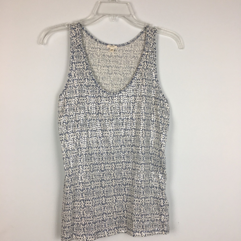J Crew Tank Top XS Sequin Scroll Blue Cream Scoop Neck Coastal Cowgirl Ballet